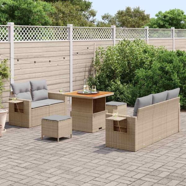 8-teiliges Garten Sofaset mit Kissen Beige Poly Rattan Akazie