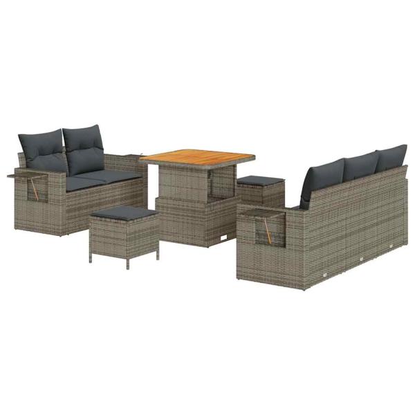 8-teiliges Garten Sofa Set mit Kissen Grau Poly Rattan Akazie