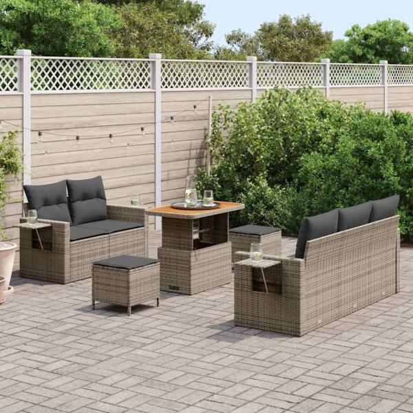 8-teiliges Garten Sofa Set mit Kissen Grau Poly Rattan Akazie