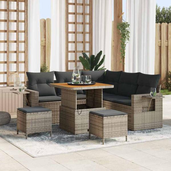 ARDEBO.de - 8-teiliges Garten Sofa Set mit Kissen Grau Poly Rattan Akazie