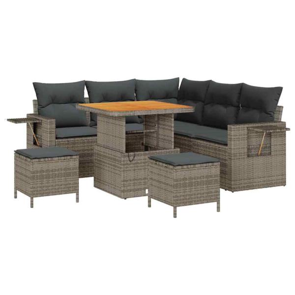 8-teiliges Garten Sofa Set mit Kissen Grau Poly Rattan Akazie