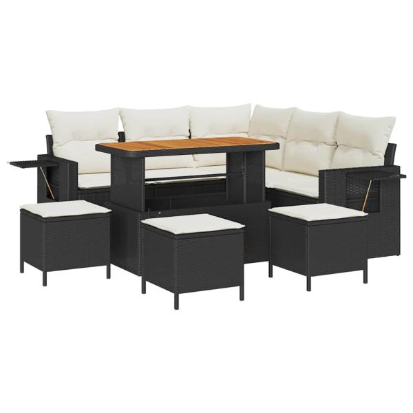 9-teiliges Garten Sofa Set mit Kissen Schwarz Poly Rattan Akazie