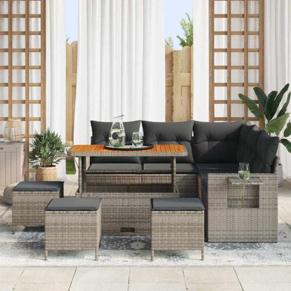 9-teiliges Garten Sofa Set mit Kissen Grau Poly Rattan Akazie