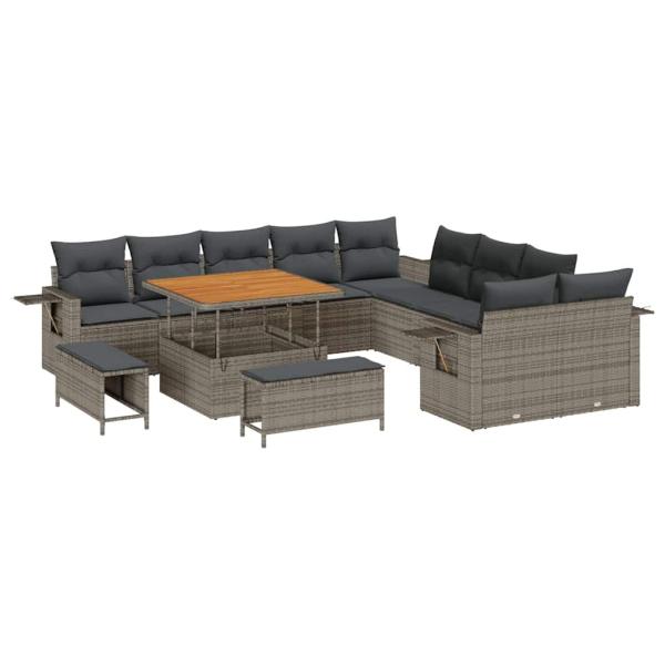 13-teiliges Garten Sofa Set mit Kissen Grau Poly Rattan Akazie