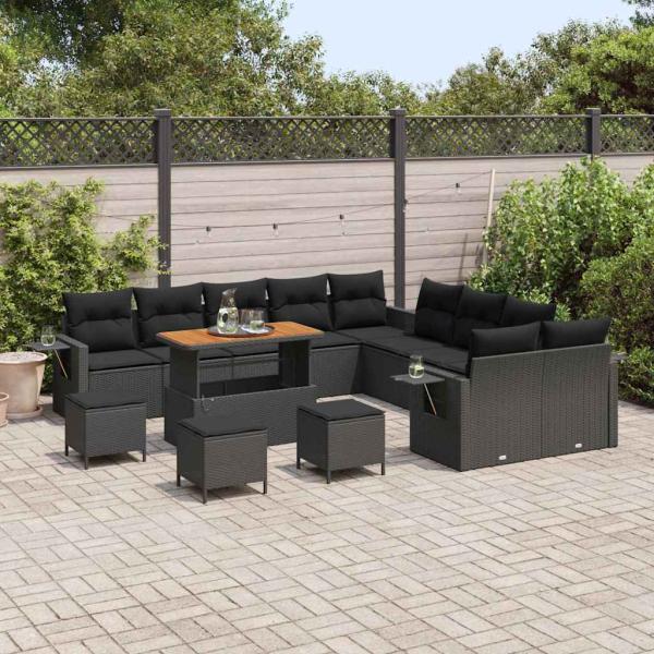 14-teilige Garten-Sofa-Set mit Kissen Schwarz Poly-Rattan Akazie