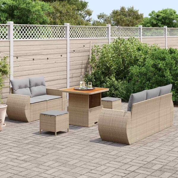 8 Stück Garten Sofa Set mit Kissen Beige Poly Rattan Akazie