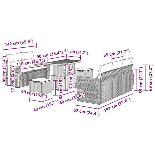 8-teiliges Garten-Sofaset mit Kissen in Schwarz Poly-Rattan Akazie