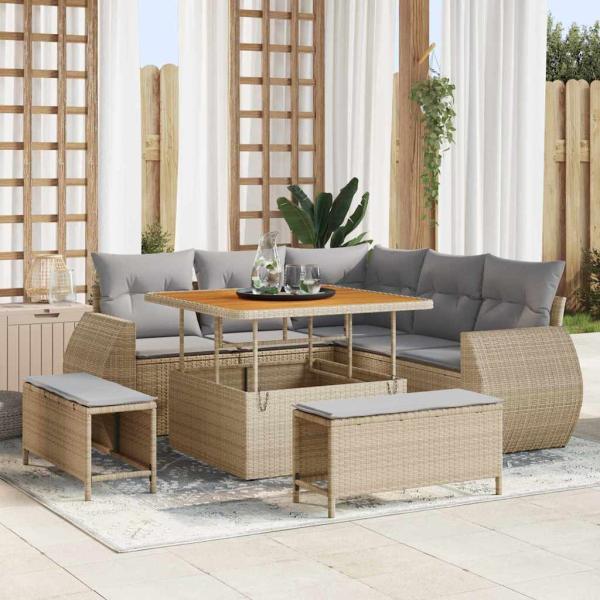 ARDEBO.de - 8-teiliges Garten-Sofa-Set mit Kissen Beige Poly Rattan Akazie