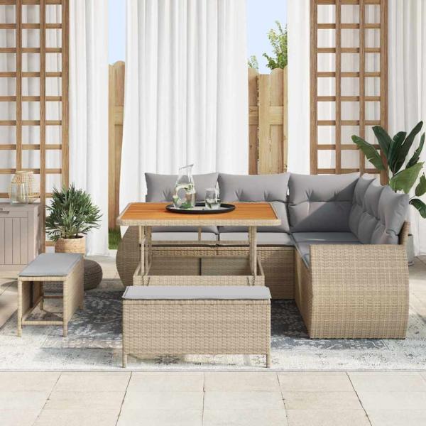 8-teiliges Garten-Sofa-Set mit Kissen Beige Poly Rattan Akazie
