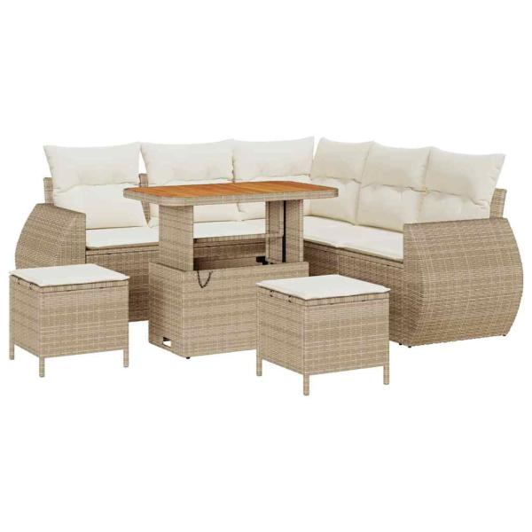 8-teiliges Garten Sofa Set mit Kissen Beige Poly Rattan Akazie