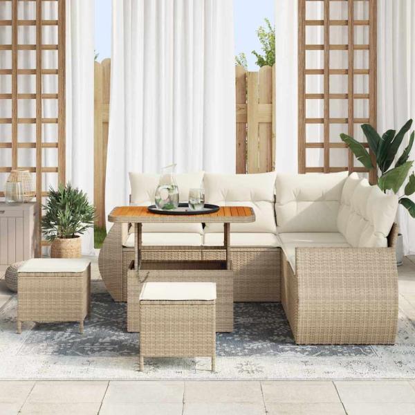 8-teiliges Garten Sofa Set mit Kissen Beige Poly Rattan Akazie