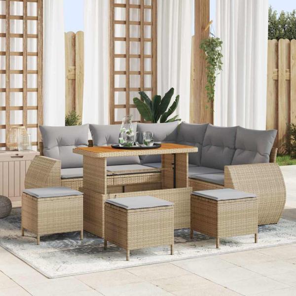 ARDEBO.de - 9-teiliges Garten Sofa Set mit Kissen Beige Poly Rattan Akazie