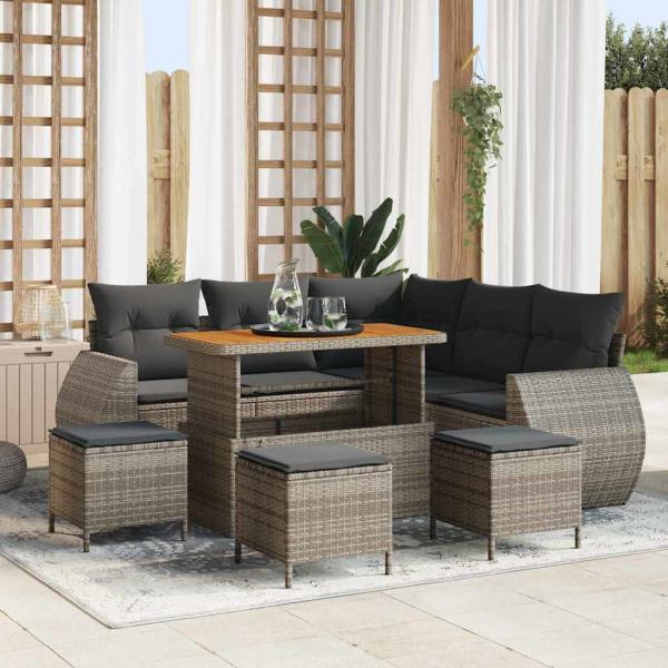 ARDEBO.de - 9-teiliges Garten-Sofa-Set mit Kissen Grau Poly Rattan Akazie