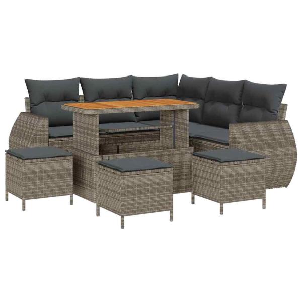 9-teiliges Garten-Sofa-Set mit Kissen Grau Poly Rattan Akazie