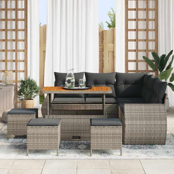 9-teiliges Garten-Sofa-Set mit Kissen Grau Poly Rattan Akazie