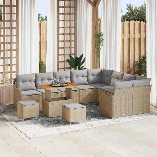 ARDEBO.de - 12-teiliges Garten Sofa Set mit Kissen Beige Poly Rattan Akazie