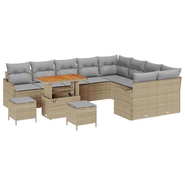12-teiliges Garten Sofa Set mit Kissen Beige Poly Rattan Akazie
