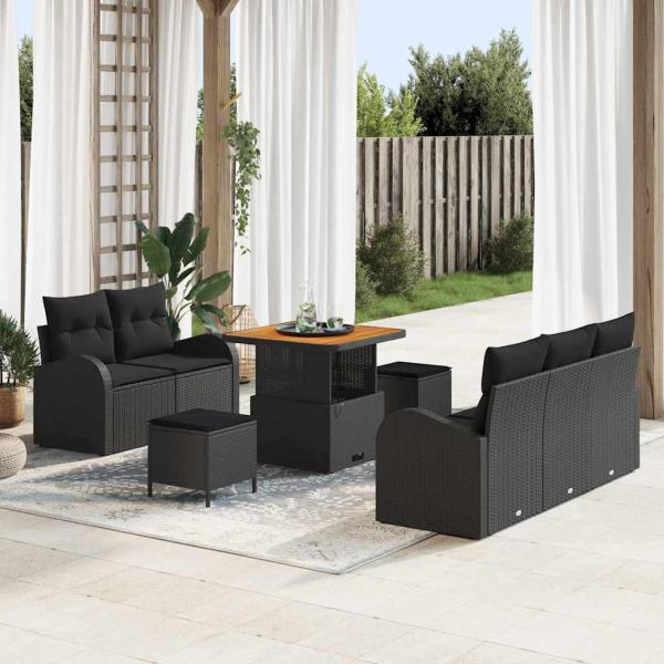 ARDEBO.de - 8-teiliges Garten Sofa Set mit Kissen Schwarz Poly Rattan Akazie
