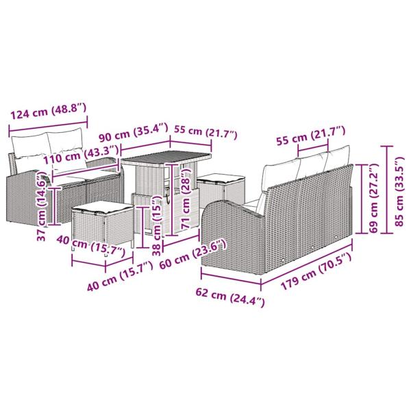 8-teiliges Garten Sofa Set mit Kissen Schwarz Poly Rattan Akazie