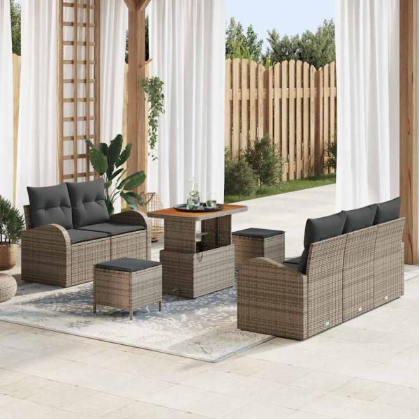 ARDEBO.de - 8-teiliges Garten Sofa Set mit Kissen Grau Poly Rattan Akazie