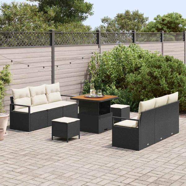 9-teiliges Garten-Sofa-Set mit Kissen Schwarz Poly Rattan Akazie