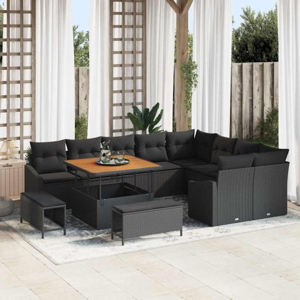 ARDEBO.de - 12-teilige Garten Sofa Set mit Kissen Schwarz Poly Rattan Akazie