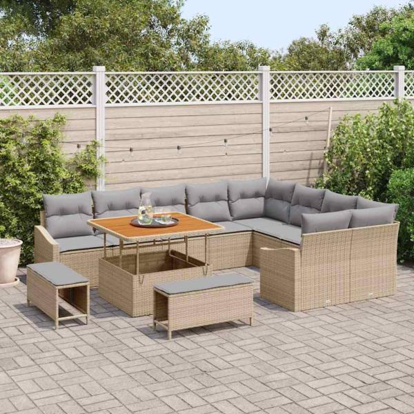 12-teiliges Garten Sofa Set mit Kissen in Beige aus Poly Rattan