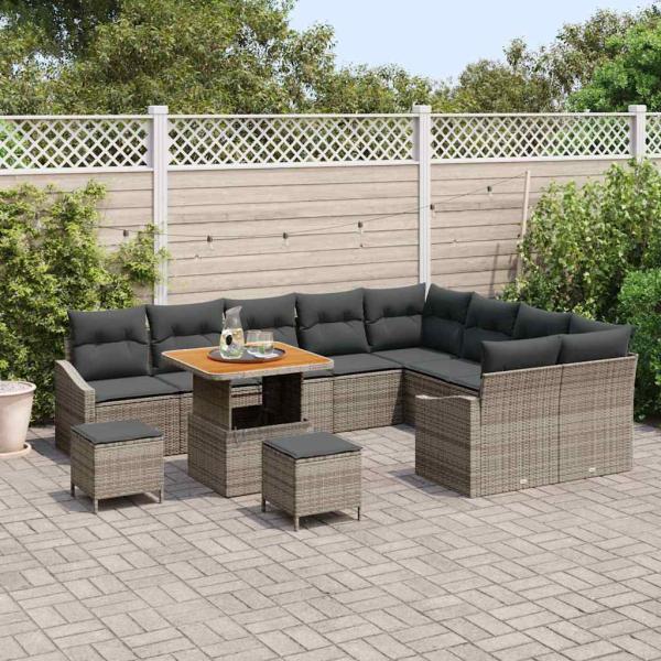 12-teiliges Garten-Sofa-Set mit Kissen Grau Poly-Rattan Akazie