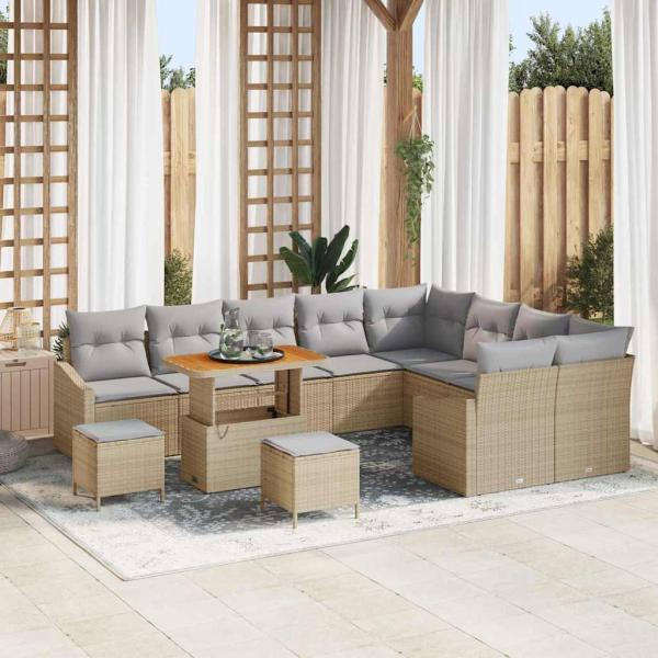 ARDEBO.de - 12-teiliges Garten-Sofa-Set mit Kissen Beige Poly-Rattan Akazie