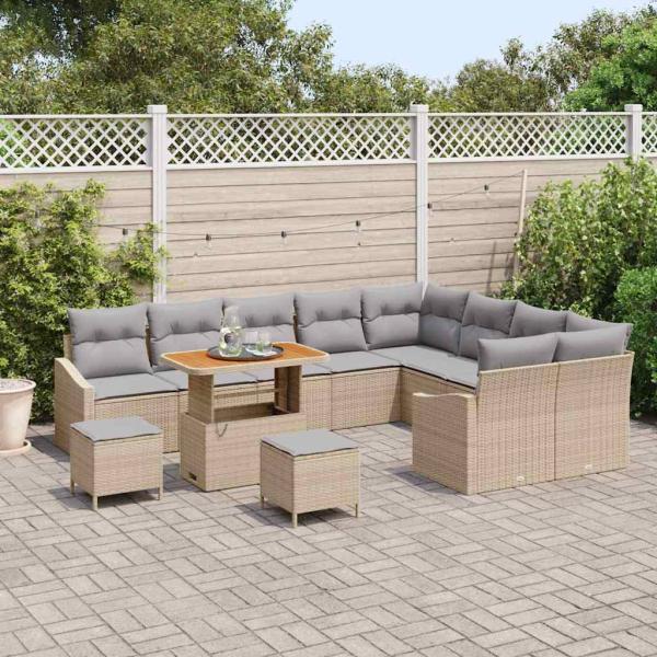 12-teiliges Garten-Sofa-Set mit Kissen Beige Poly-Rattan Akazie
