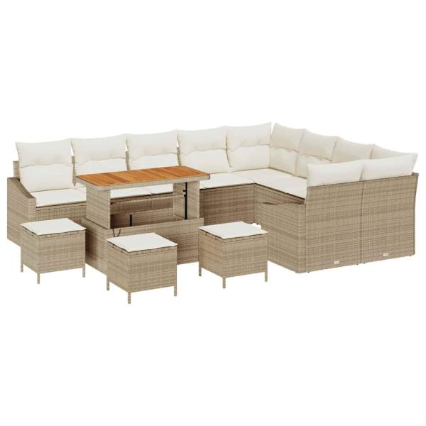 13-teilige Garten-Sofa-Set mit Kissen Beige Poly-Rattan Akazie