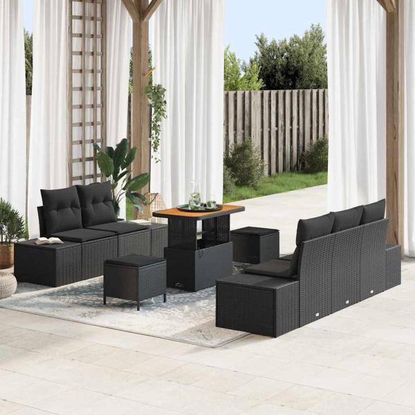 ARDEBO.de - 8-teiliges Garten-Sofa-Set mit Kissen Schwarz Poly Rattan Akazie
