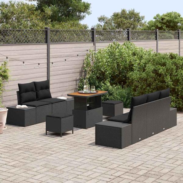 8-teiliges Garten-Sofa-Set mit Kissen Schwarz Poly Rattan Akazie