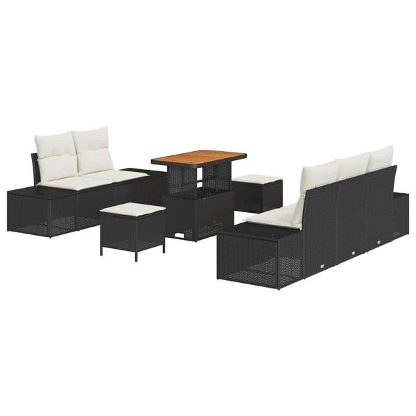8-teiliges Garten Sofa Set mit Kissen Schwarz Poly Rattan Akazie