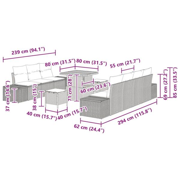 10-teiliges Garten Sofaset mit Kissen schwarzes Poly Rattan Akazie