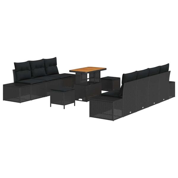 10-teiliges Garten Sofa Set mit Kissen Schwarz Poly Rattan Akazie