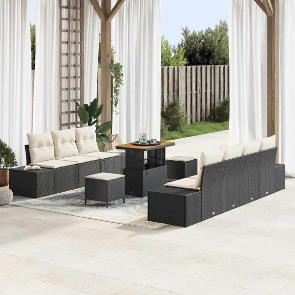 ARDEBO.de - 10-teiliges Garten Sofa Set mit Kissen schwarzes Poly Rattan Akazie