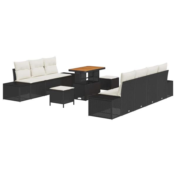 10-teiliges Garten Sofa Set mit Kissen schwarzes Poly Rattan Akazie