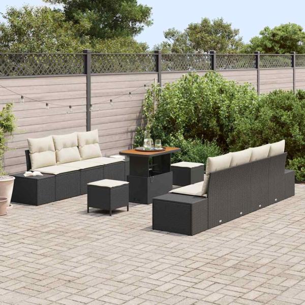10-teiliges Garten Sofa Set mit Kissen schwarzes Poly Rattan Akazie