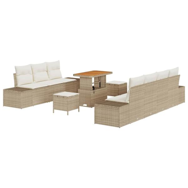 10-teiliges Garten Sofa Set mit Kissen Beige Poly Rattan