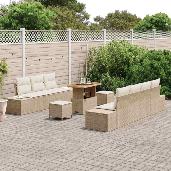 10-teiliges Garten Sofa Set mit Kissen Beige Poly Rattan