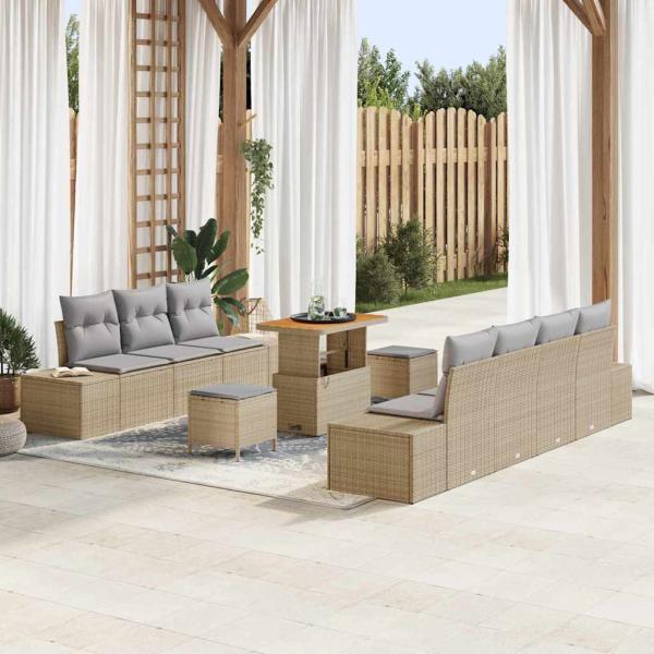 ARDEBO.de - 10-teiliges Garten Sofa Set mit Kissen Beige Poly Rattan Akazie