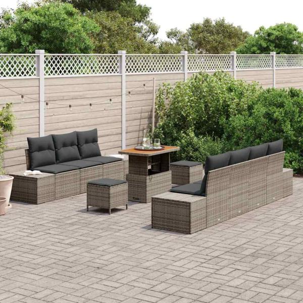 10-teiliges Garten-Sofa-Set mit Kissen Grau Poly-Rattan Akazie