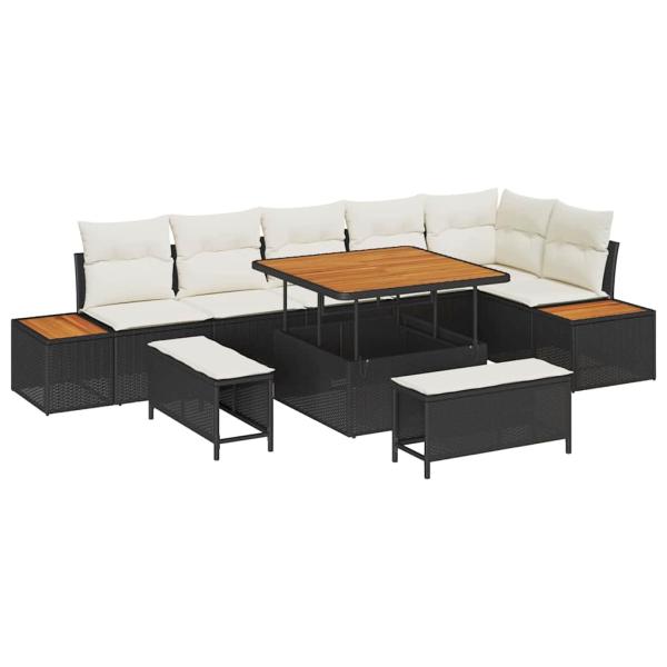 9-teiliges Garten Sofa Set mit Kissen schwarzes Poly Rattan Akazienholz