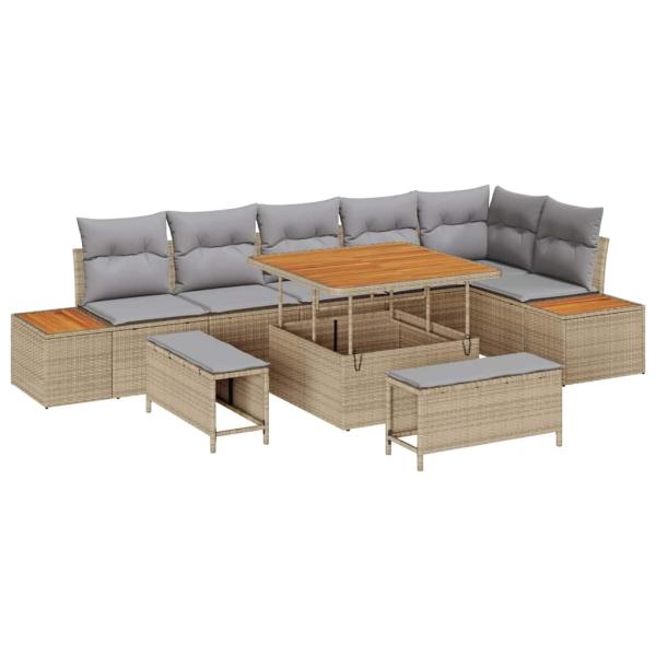9-teiliges Garten Sofa Set mit Kissen in Beige, Poly Rattan, Akazie