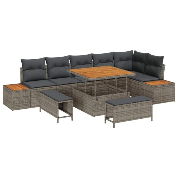 9-teiliges Garten-Sofa-Set mit Kissen Grau Poly-Rattan Akazie