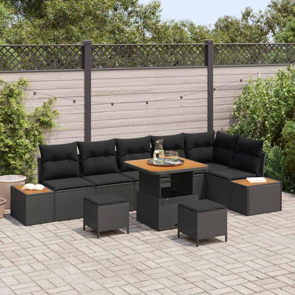 ARDEBO.de - 9-teiliges Garten Sofa Set mit Kissen Schwarz Poly-Rattan Akazie