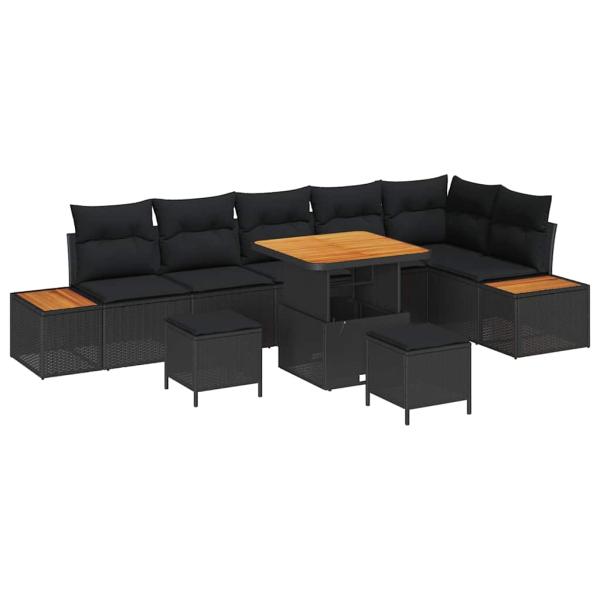 9-teiliges Garten Sofa Set mit Kissen Schwarz Poly-Rattan Akazie