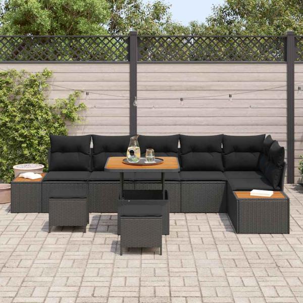 9-teiliges Garten Sofa Set mit Kissen Schwarz Poly-Rattan Akazie