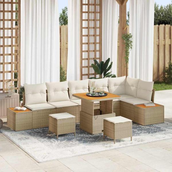 ARDEBO.de - 9-teiliges Garten Sofa Set mit Kissen Beige Poly Rattan Akazie